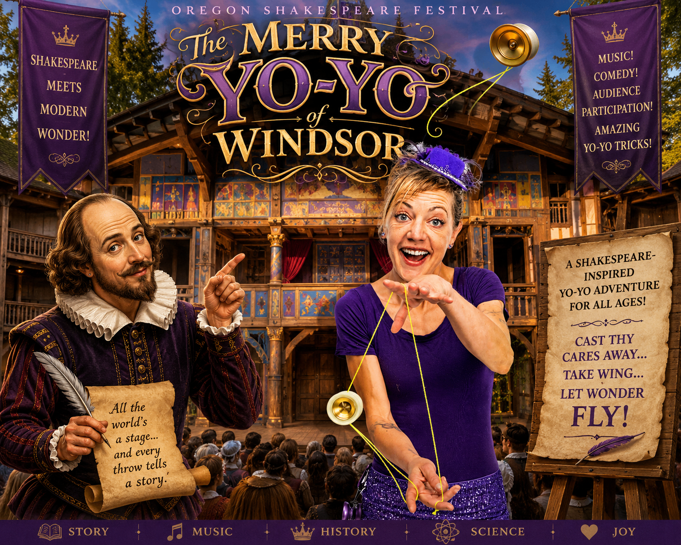 The Merry Yo-Yo of Windsor title art featuring Jenifer Joy, Shakespeare, and a theatrical yo-yo stage