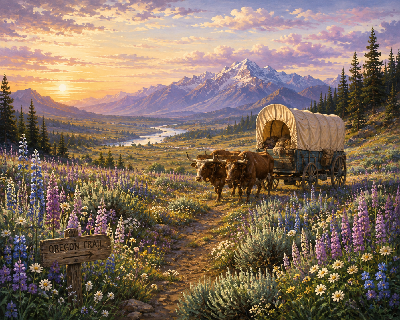 A covered wagon traveling through a mountain landscape along the Oregon Trail
