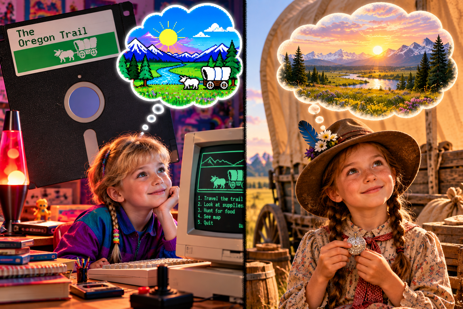 1980s Kid Joy and Pioneer Joy imagine two versions of the Oregon Trail