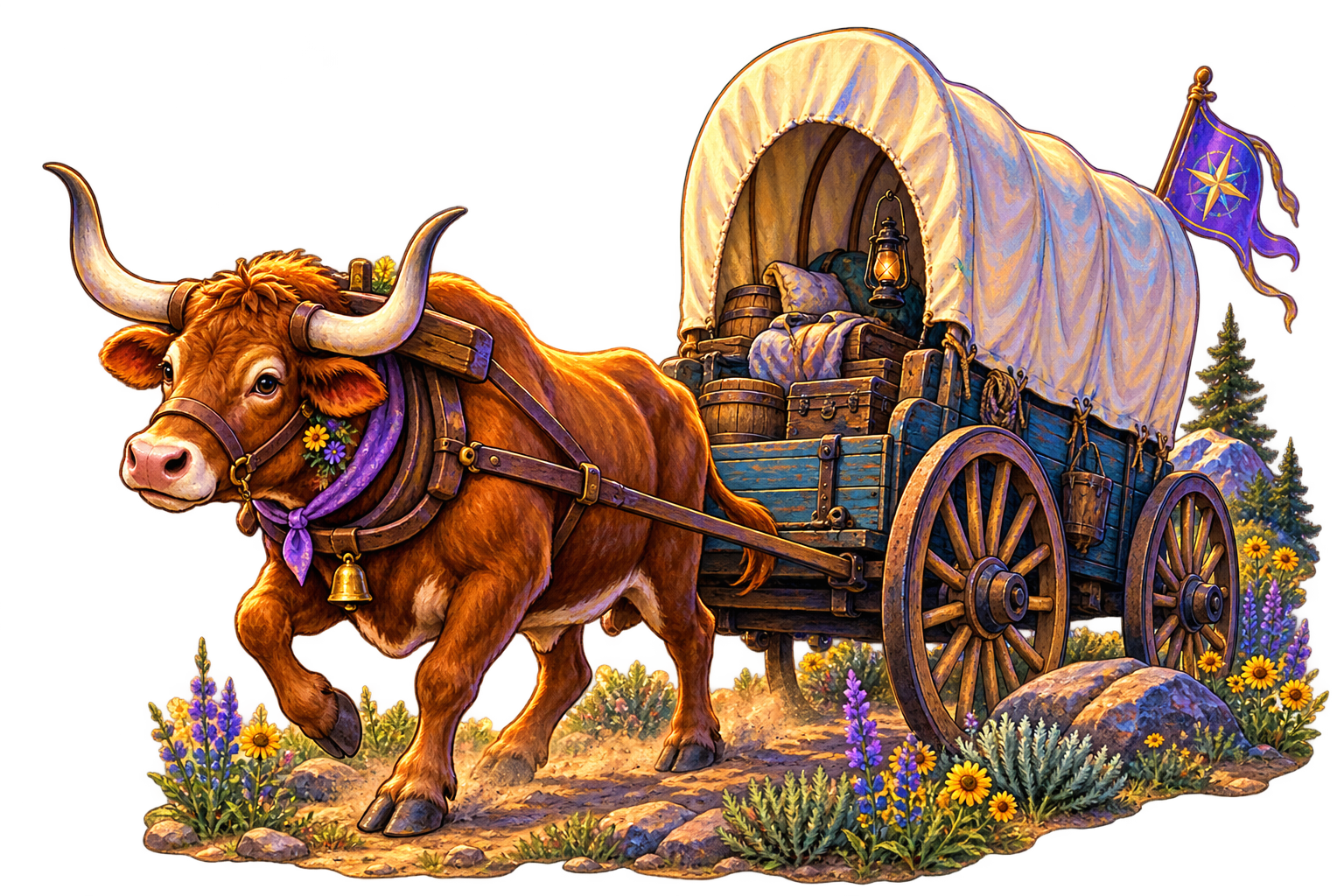 Moses the ox pulling Professor Joy's covered wagon