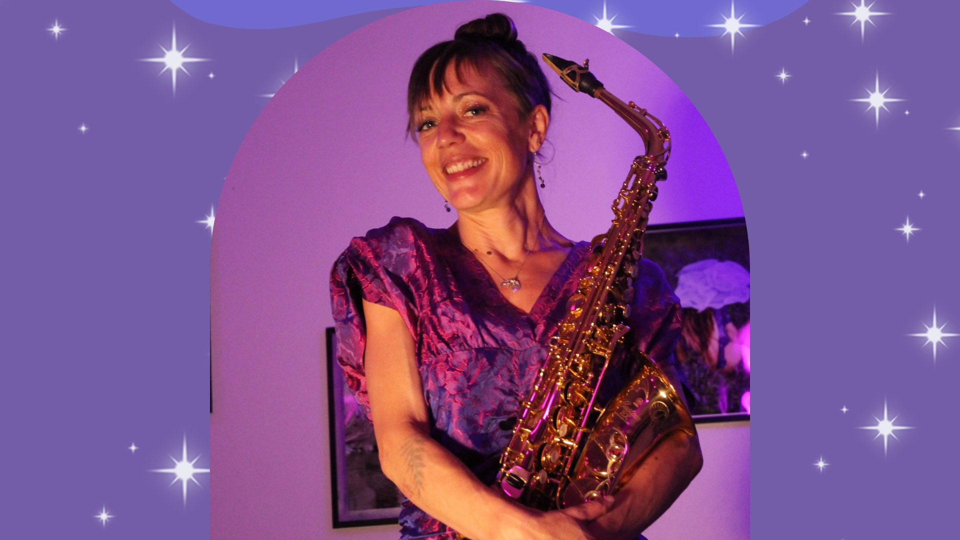 Jen Joy performing live saxophone on stage during the Saxophonic Spectacular music enrichment assembly